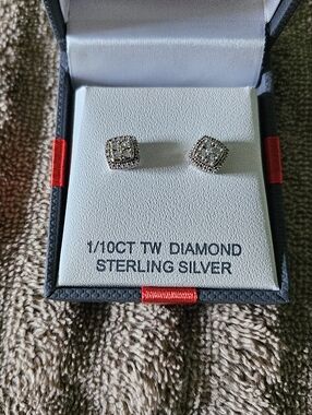 Sterling Silver Diamond Halo Stud Earrings, Ring and Necklace